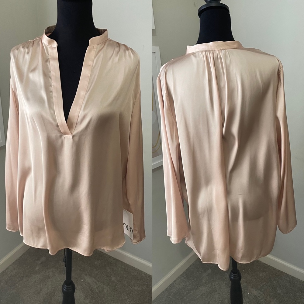 NWT Zara blush vneck silk blouse